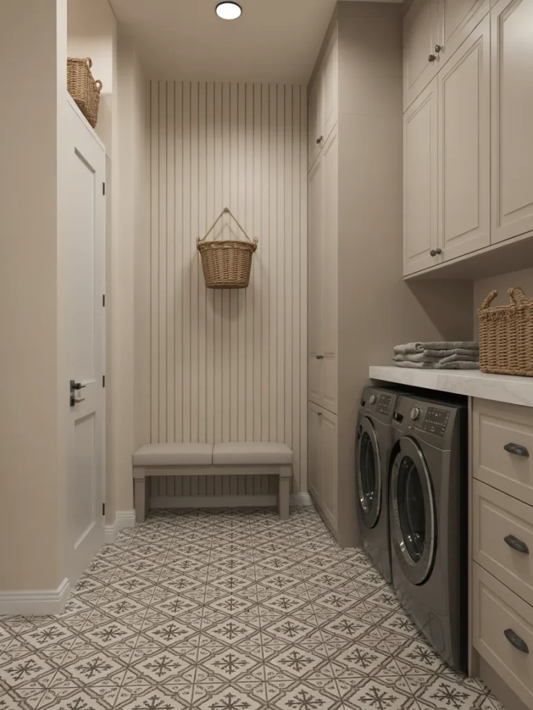 Mudroom laundry room with patterned tile floor and built-in storage cabinets.