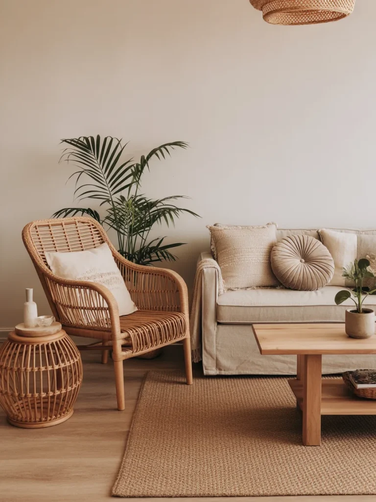 Boho living room with rattan chair, wicker table, and neutral decor.