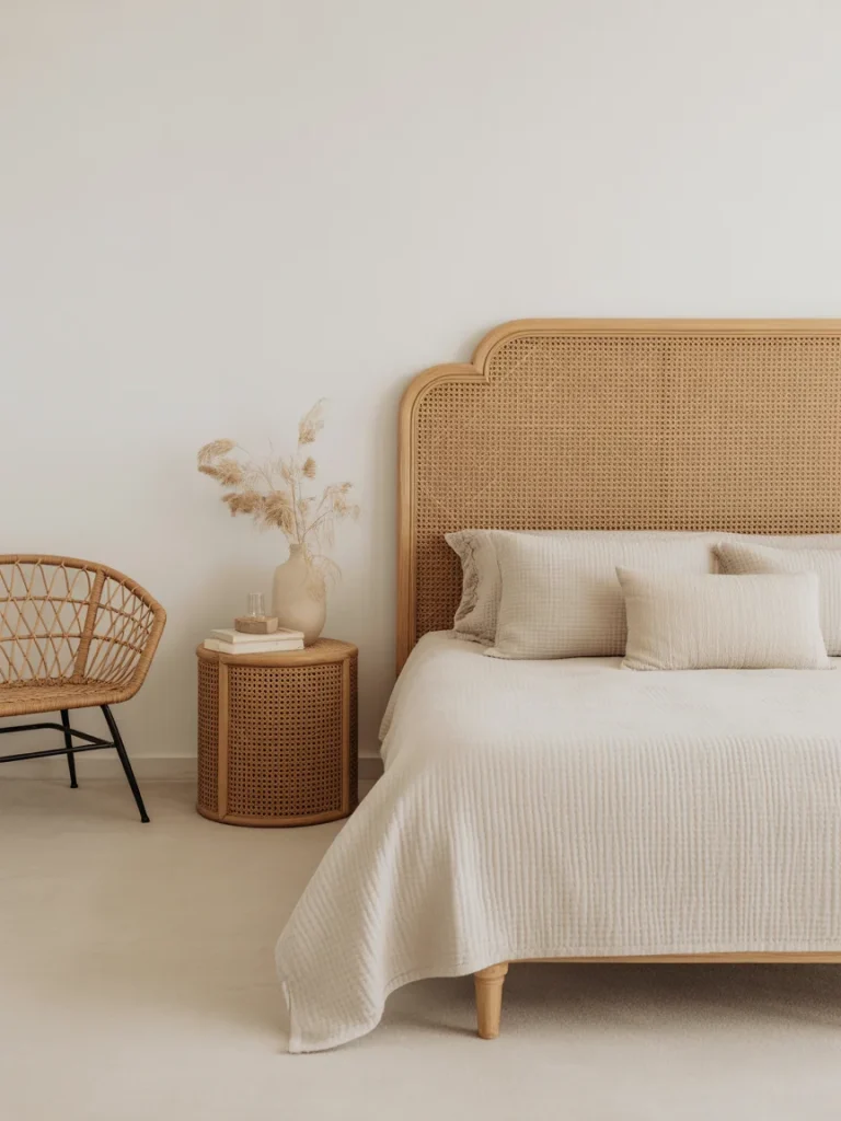 Modern coastal bedroom with rattan headboard and cane furniture accents.