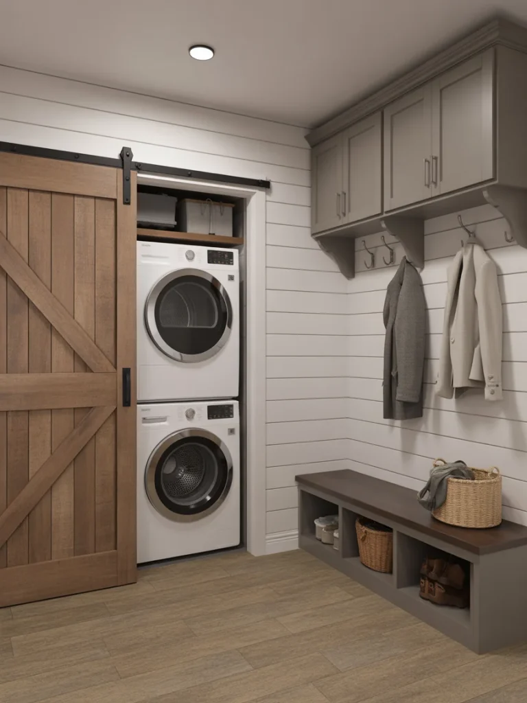 Mudroom laundry area with sliding barn door hiding stacked washer and dryer.