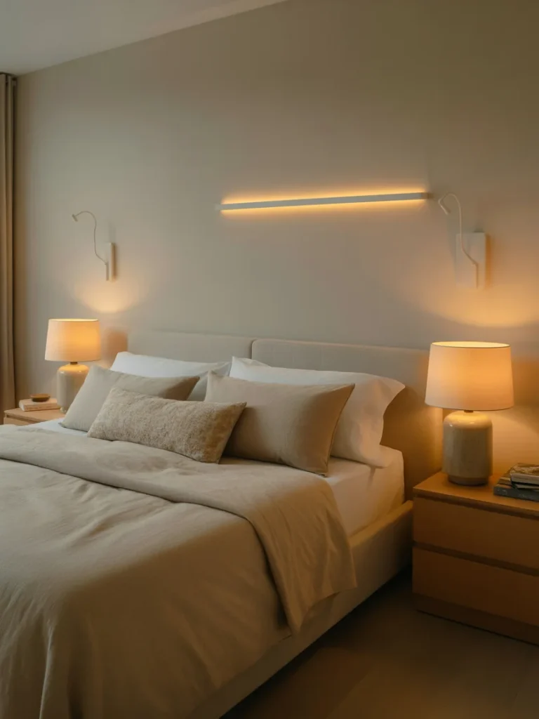 Neutral bedroom with soft ambient lighting, beige bedding, and bedside lamps.