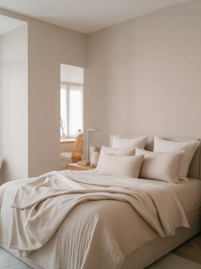 Neutral bedroom with soft beige walls and layered neutral bedding.