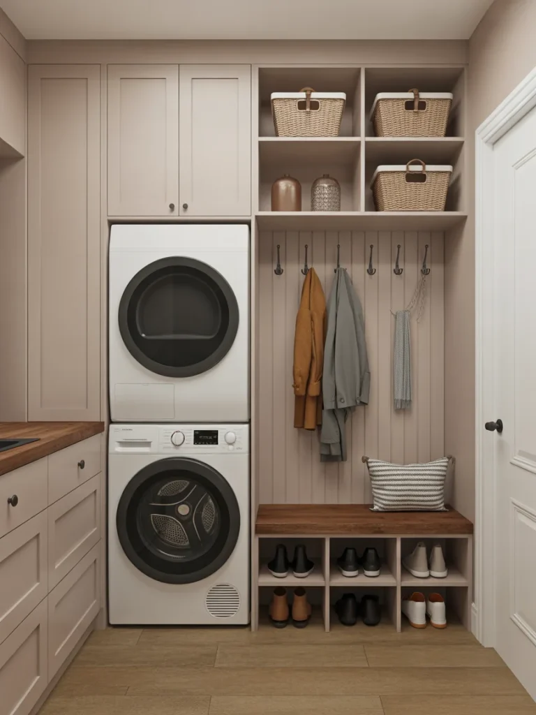 Mudroom with stackable washer and dryer, bench seating, and coat hooks.