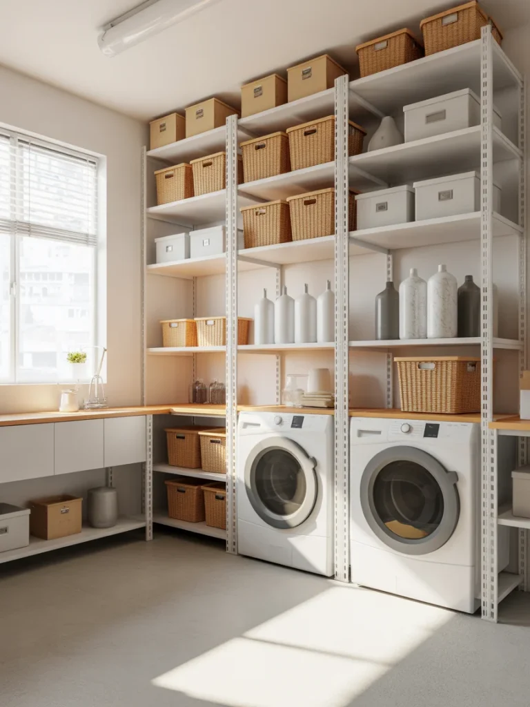 Laundry room with tall vertical shelving units filled with baskets and storage boxes above washer and dryer.