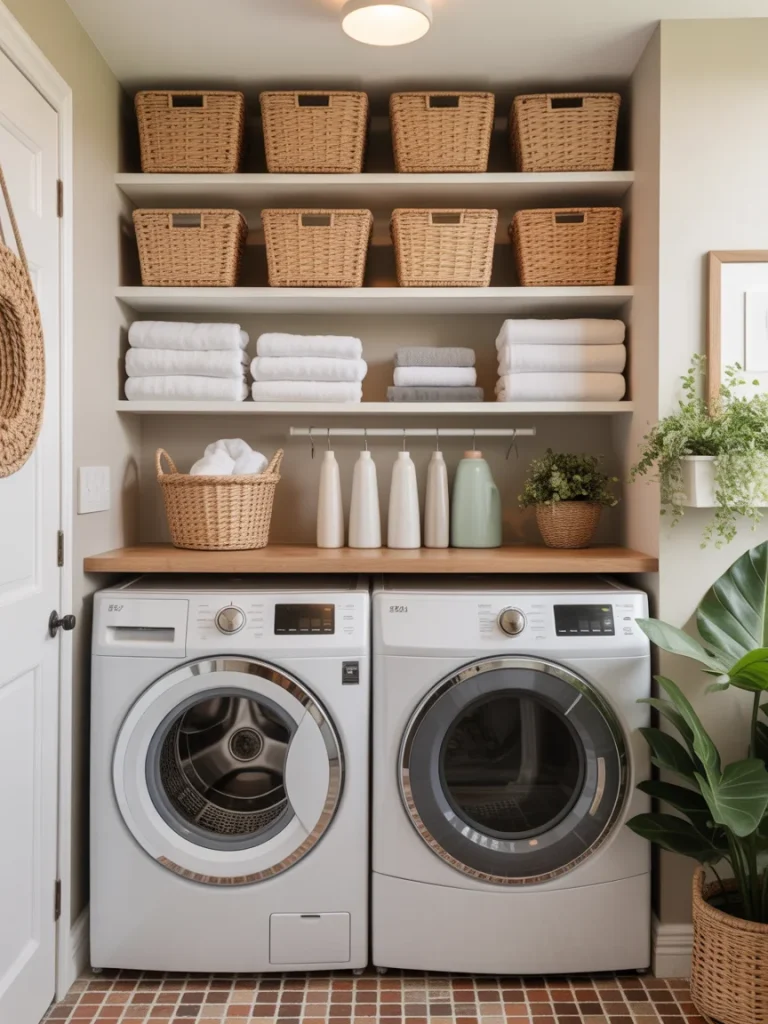 Laundry room with vertical wall storage shelves and washer dryer.