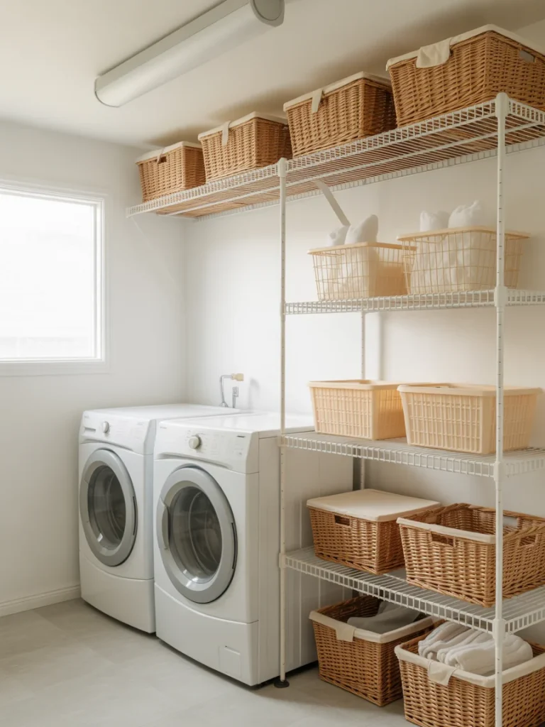 Laundry room with white wire shelving and woven baskets beside washer and dryer.
