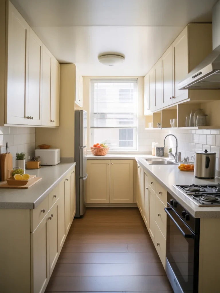 Small galley kitchen with light cabinets, white countertops, and efficient layout.