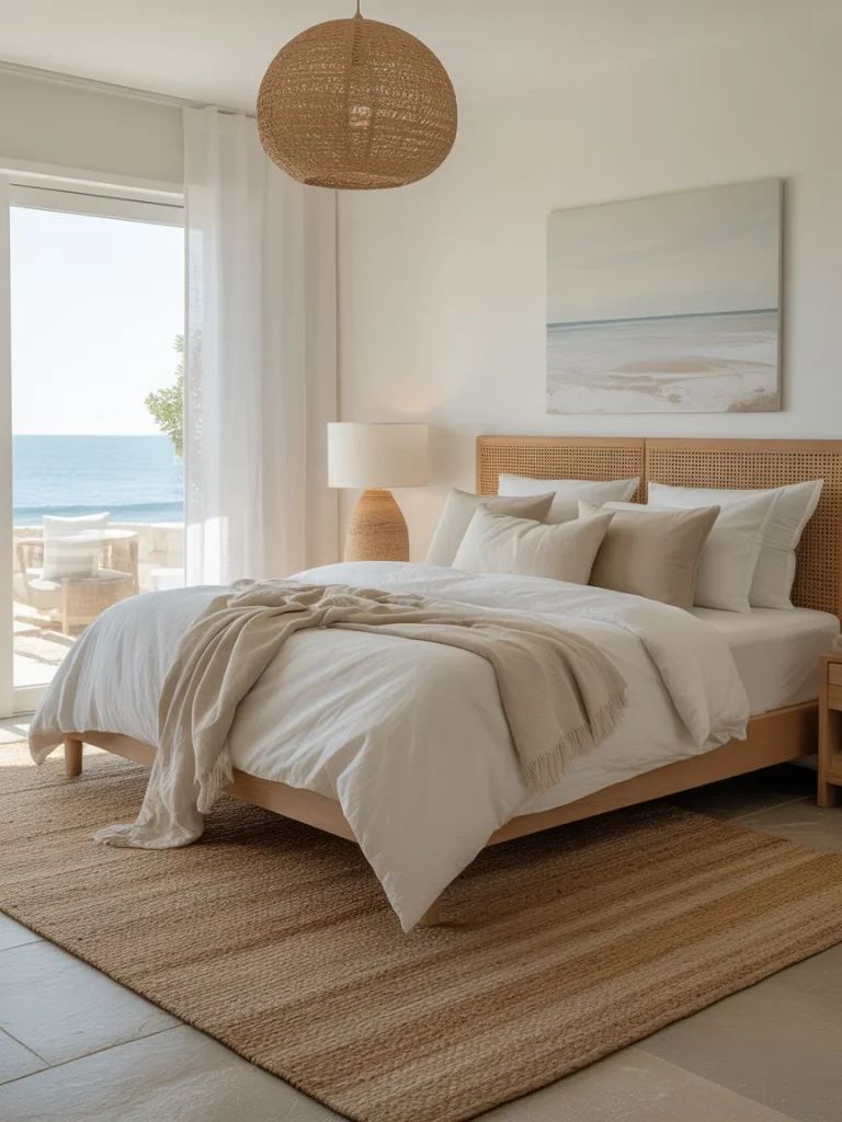 Modern coastal bedroom with neutral rug, rattan headboard, and ocean view.