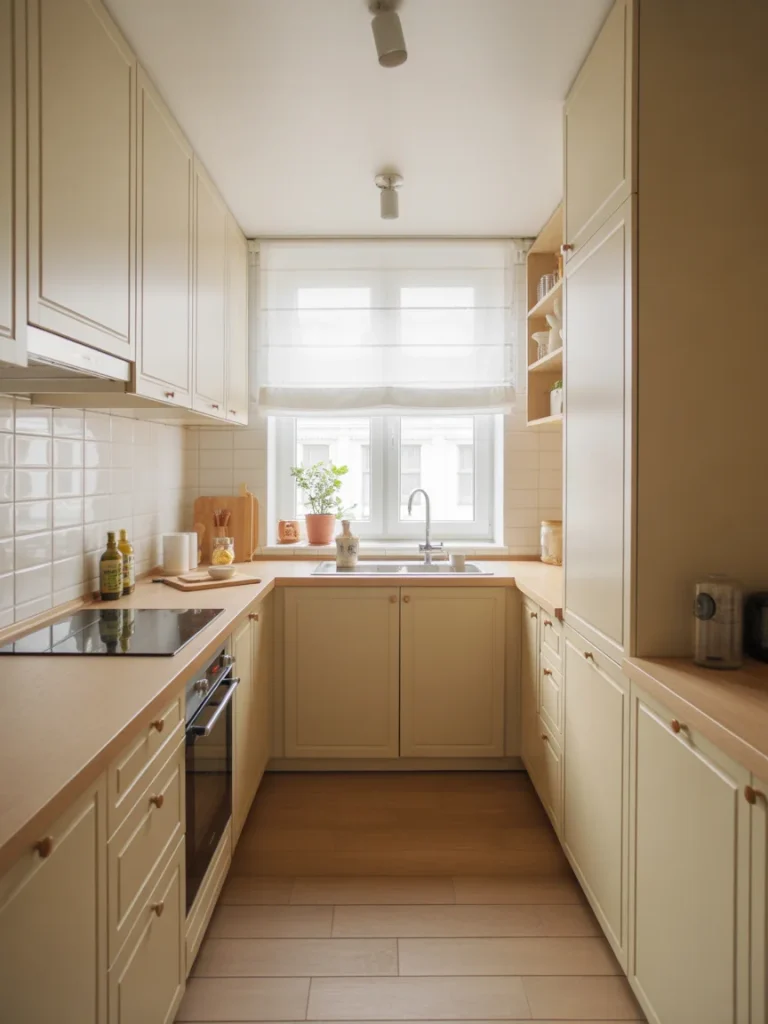 Small kitchen with neutral color palette in beige, white, and light wood tones.