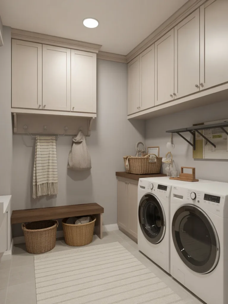 Neutral color palette mudroom laundry room with cabinets, bench, and washer dryer.