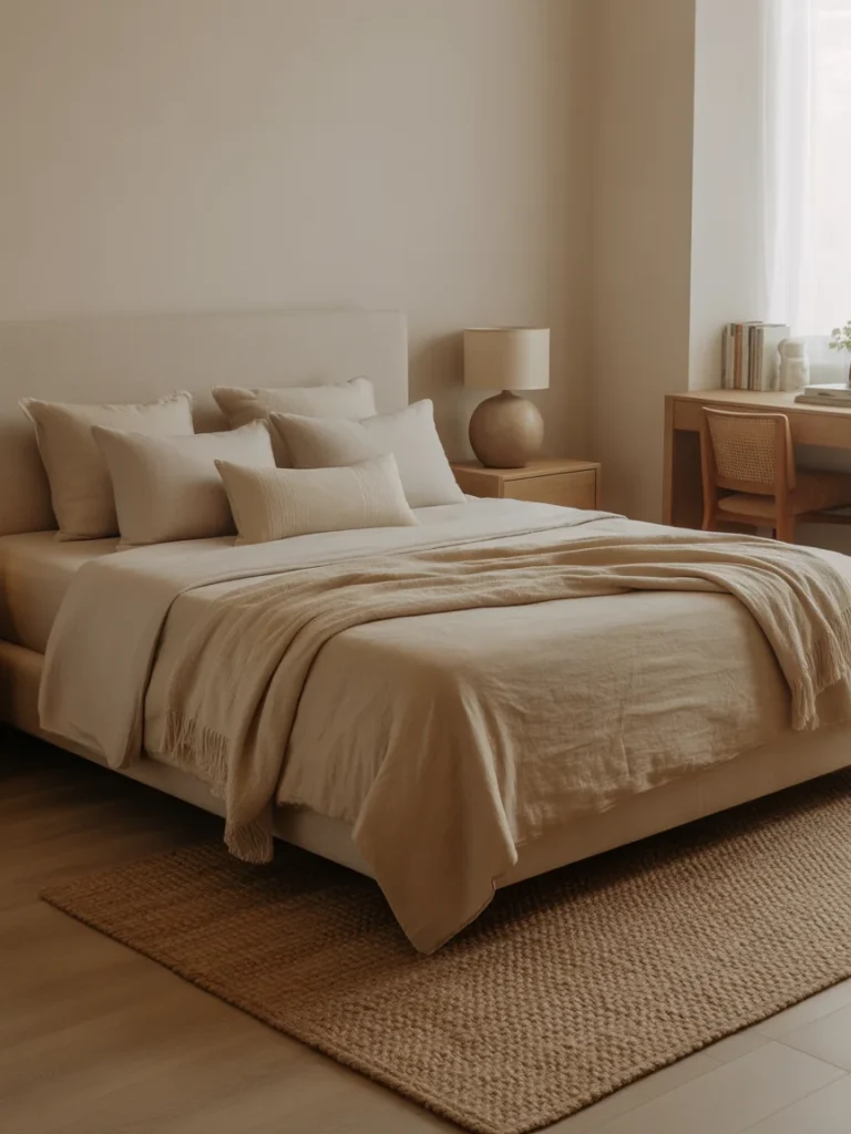 Neutral bedroom with textured area rug, beige bedding, and warm minimalist decor.