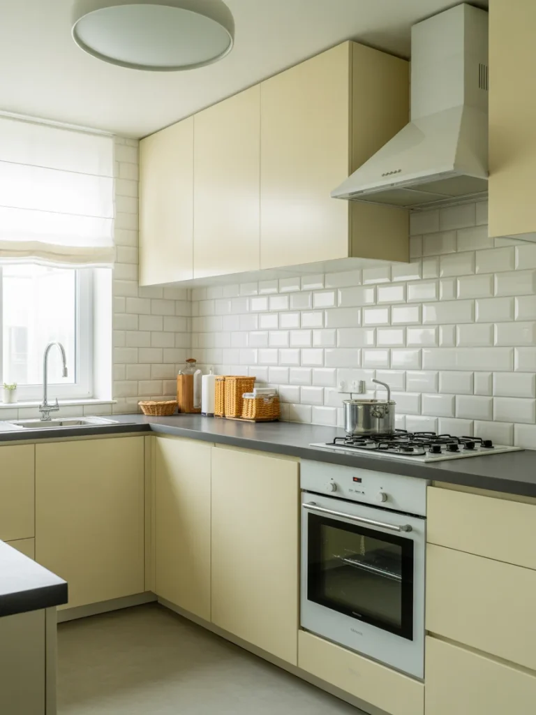 Small kitchen with glossy reflective subway tile backsplash and light cabinets.