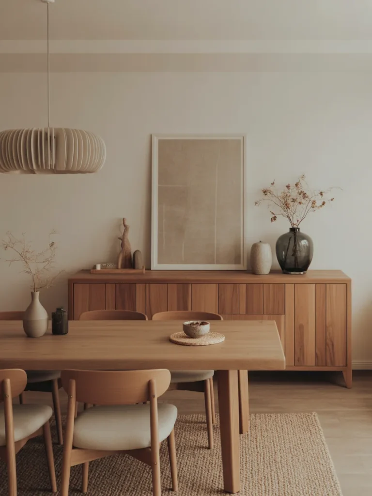 Dining room with a rustic wooden sideboard and matching dining table.