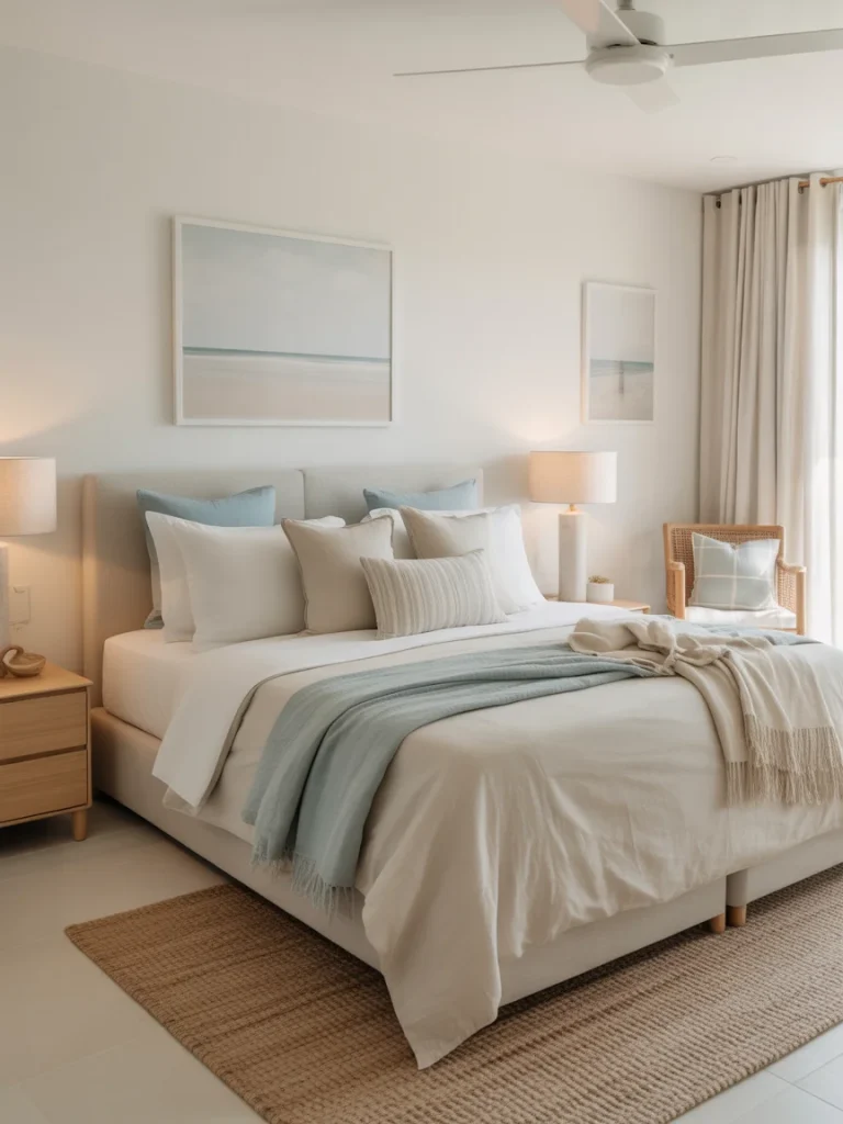 Modern coastal bedroom with soft blue and white color palette and natural textures.