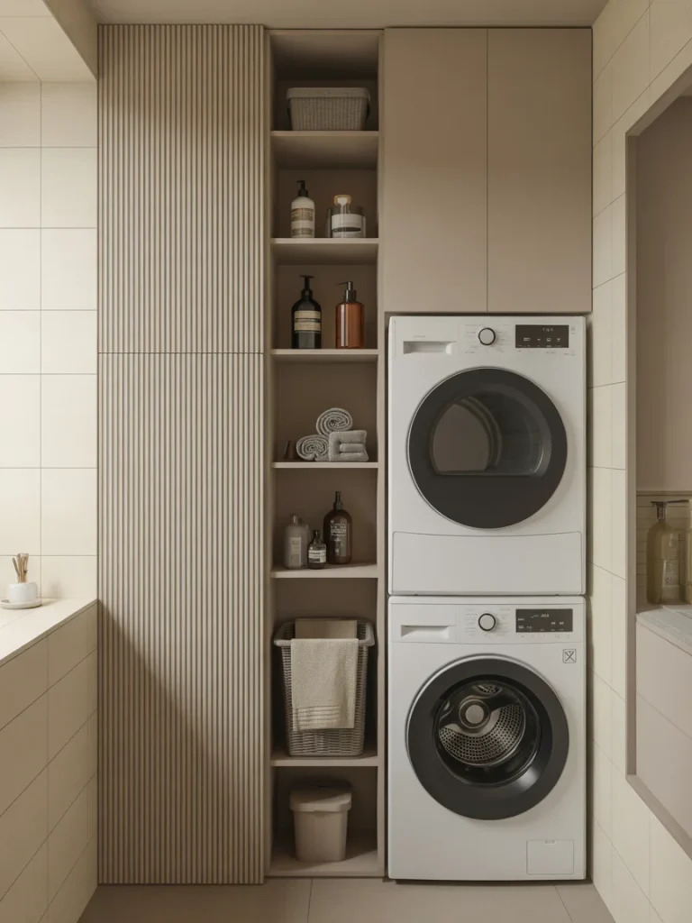 Stacked washer and dryer with vertical cabinet laundry storage.