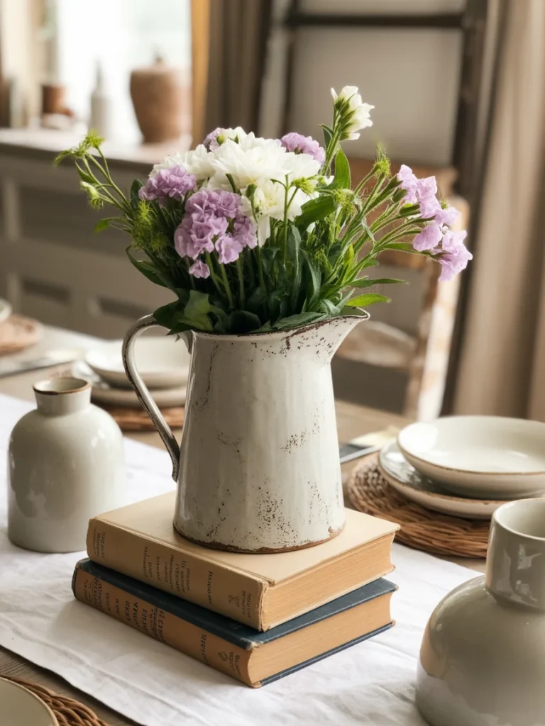 Vintage-inspired spring table decor with fresh flowers in a rustic pitcher placed on stacked books as a centerpiece.