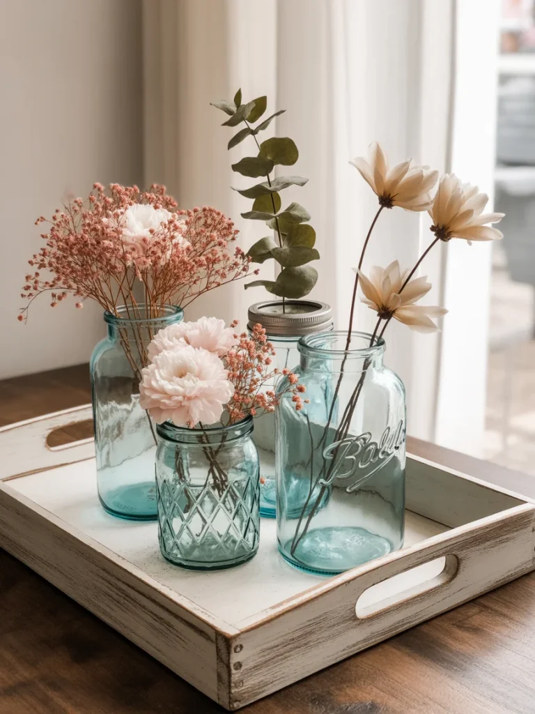 Vintage spring tray with glass jars, soft flowers, and greenery.