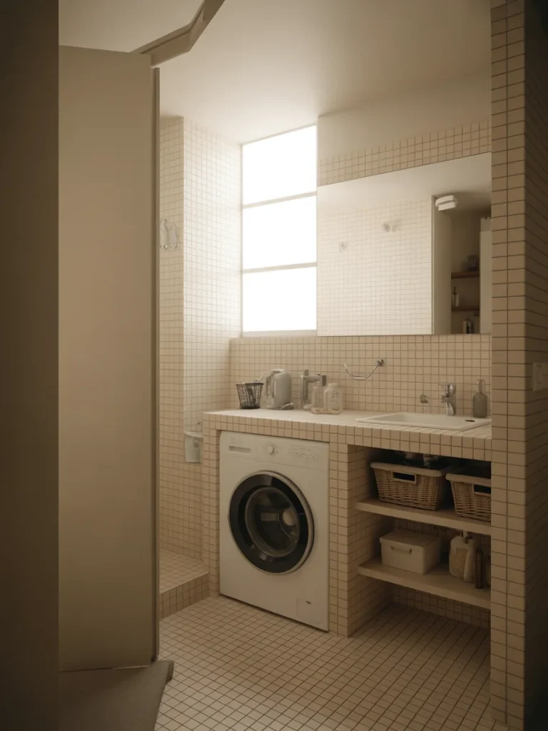 Washing machine installed under bathroom sink with open storage shelves.