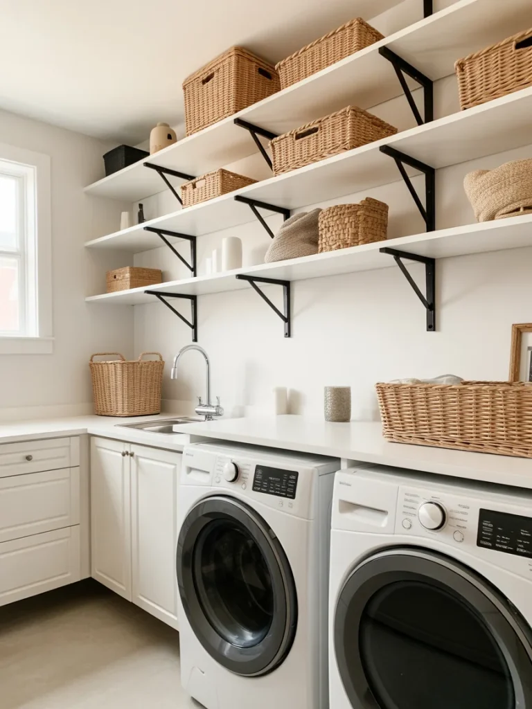 Laundry room with white open shelves and black brackets above washer and dryer.