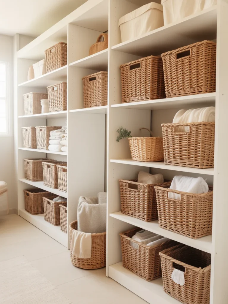 White shelving units with woven baskets for organized laundry room storage.