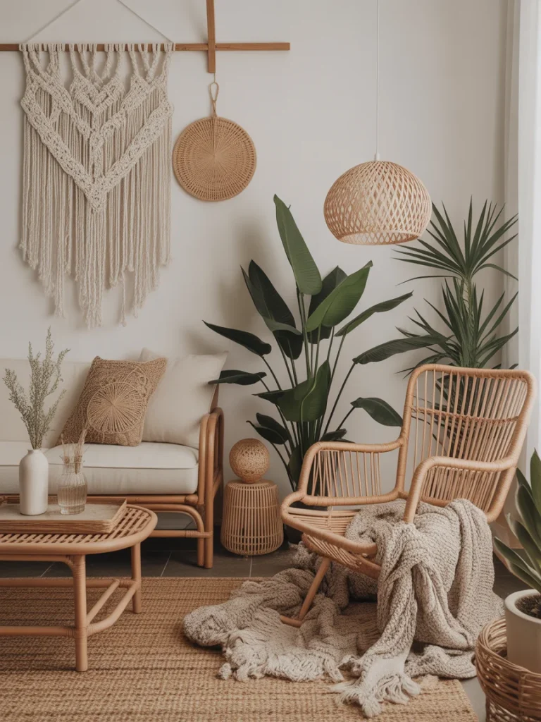 Boho living room with rattan chairs, macramé wall decor, and indoor plants.