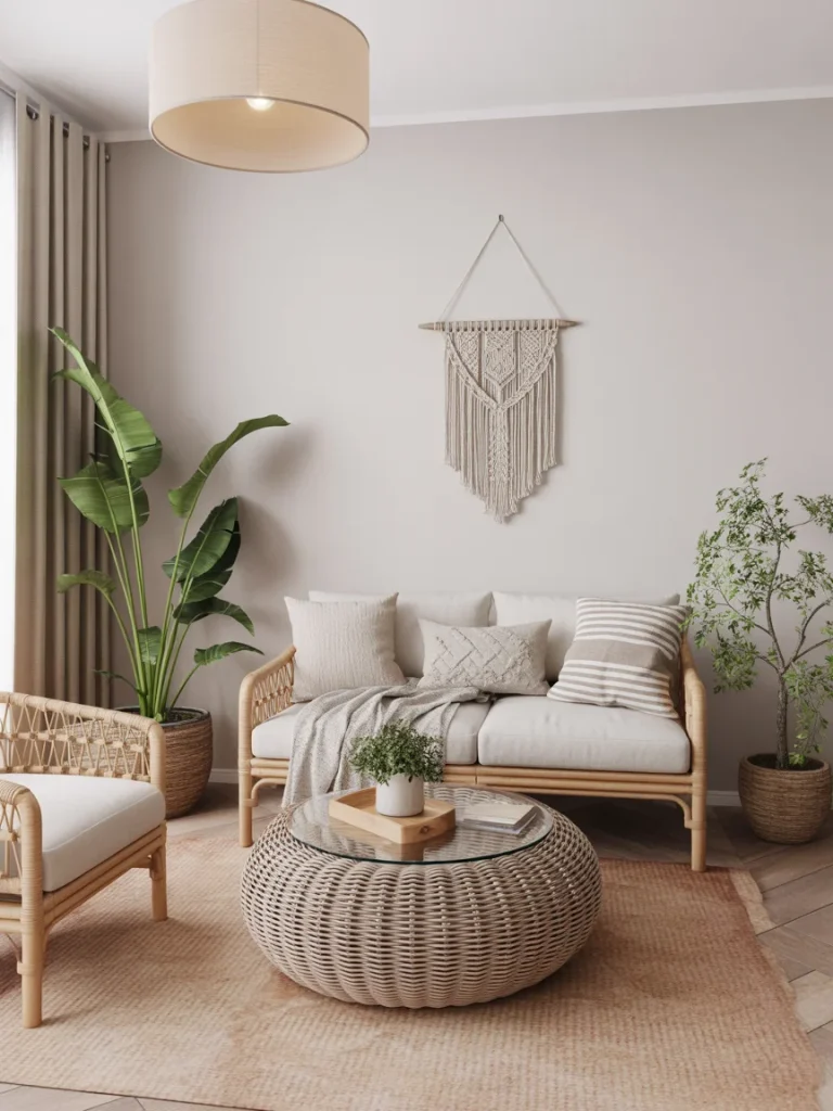 Boho living room with rattan furniture, macramé wall decor, and plants.