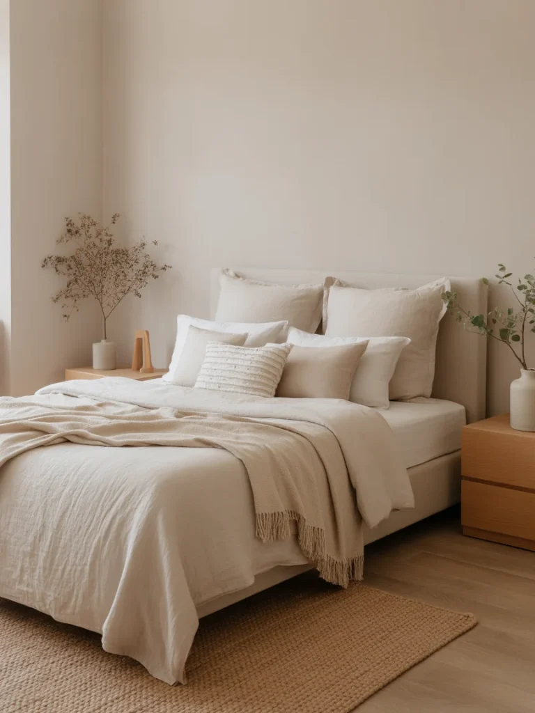 Cozy neutral bedroom with beige bedding, soft textures, and minimalist decor.