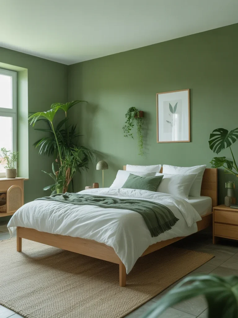 Green modern bedroom with plants, wooden bed, and minimalist decor.