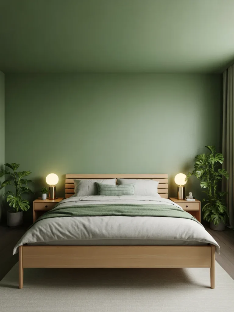 Green modern bedroom with wooden bed, plants, and minimalist decor.