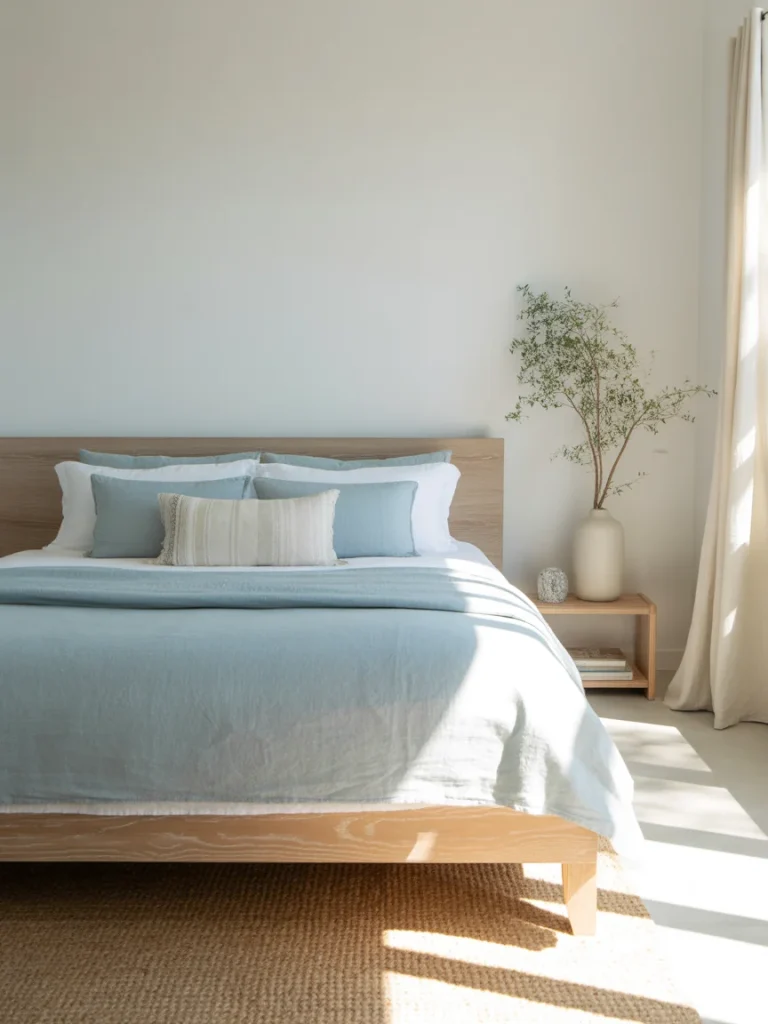 Modern coastal bedroom with light wood bed, soft blue bedding, and natural decor.