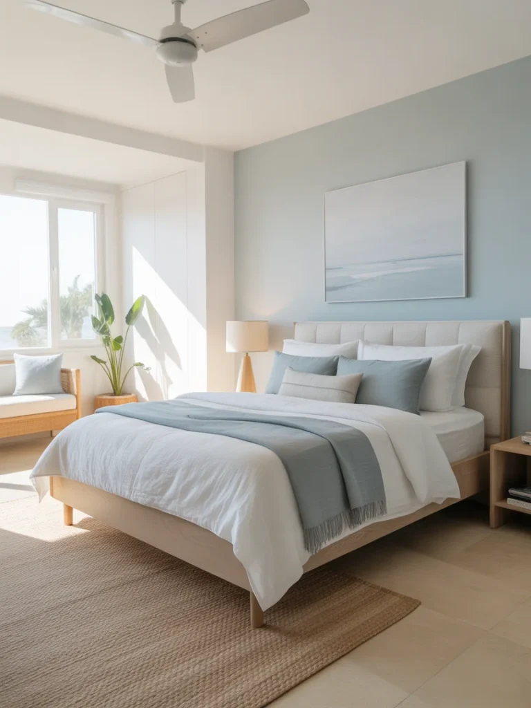 Modern coastal bedroom with soft blue accent wall and light wood furniture.