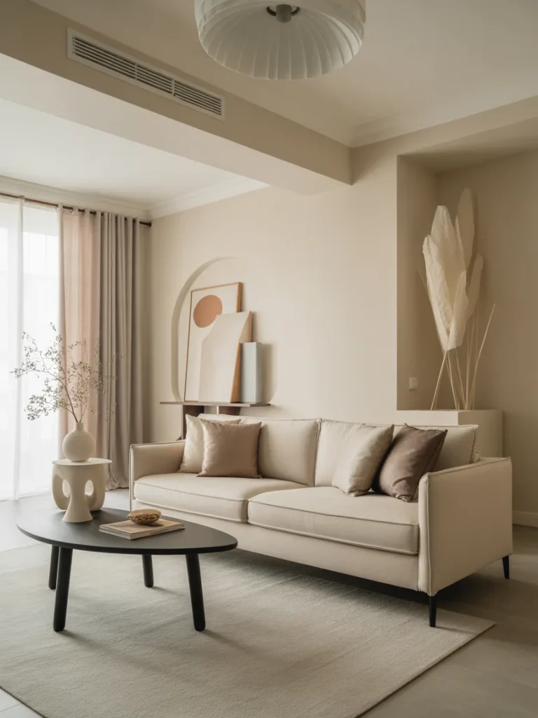 Modern contemporary living room with beige sofa, neutral decor, and minimalist styling.