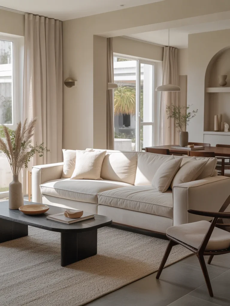 Modern contemporary living room with neutral tones, beige sofa, and minimalist decor.