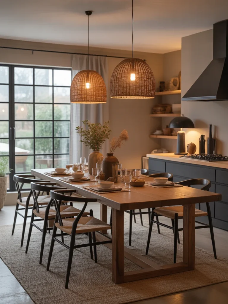 Modern rustic dining room with wooden table, woven pendant lights, and cozy neutral decor.