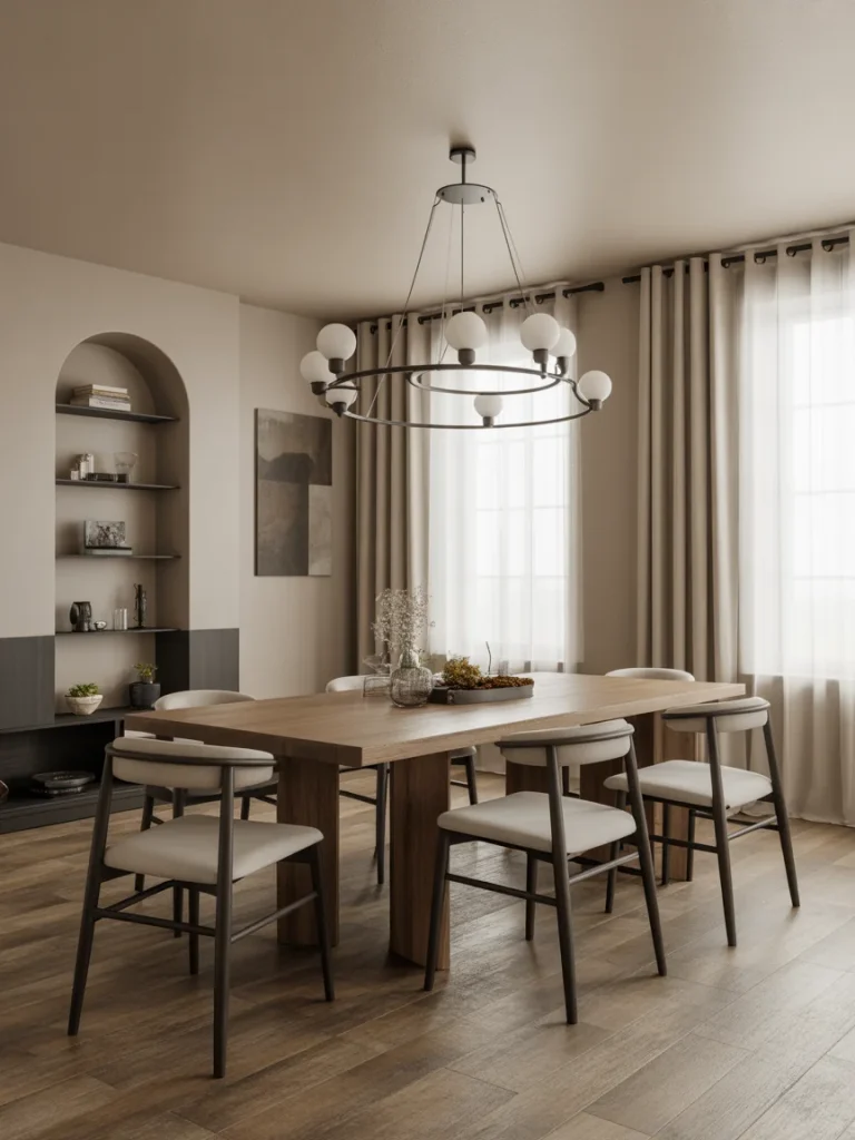 Modern rustic dining room with wooden table, upholstered chairs, and neutral decor.