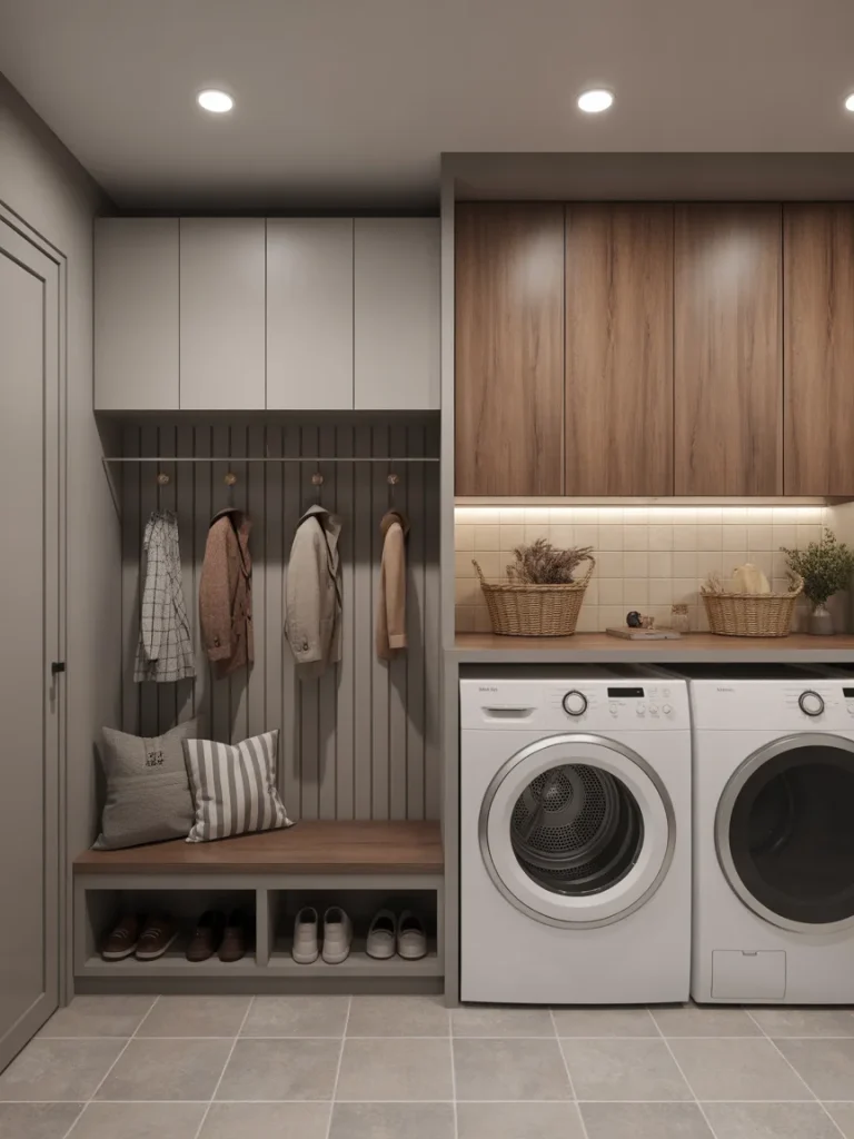 Mudroom laundry room combo with washer dryer, bench, and coat hooks.