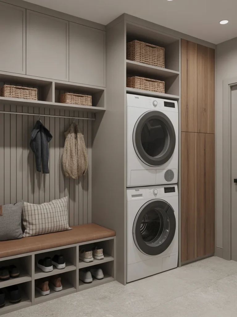 Mudroom laundry room combo with stacked washer dryer and storage bench.