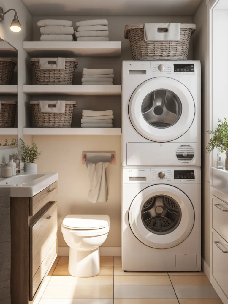 Small bathroom with stacked washer dryer and open shelves for storage