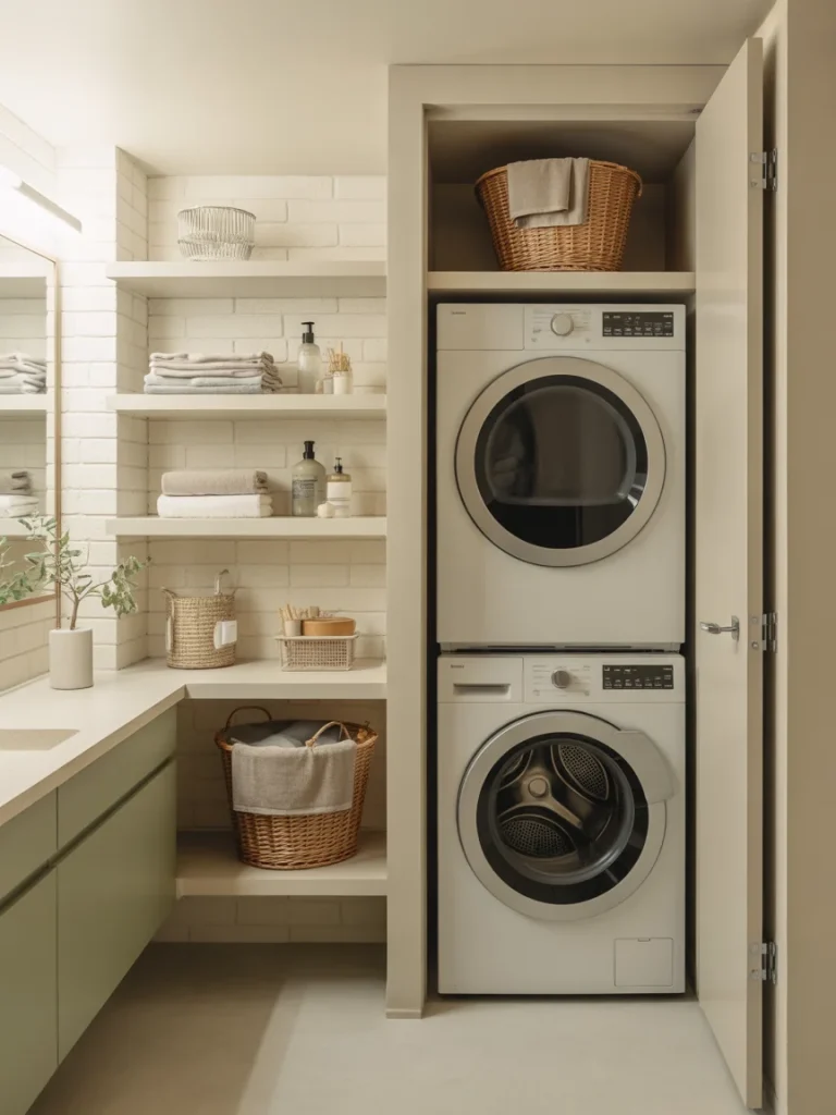 Small bathroom with stacked washer and dryer and open storage shelves.