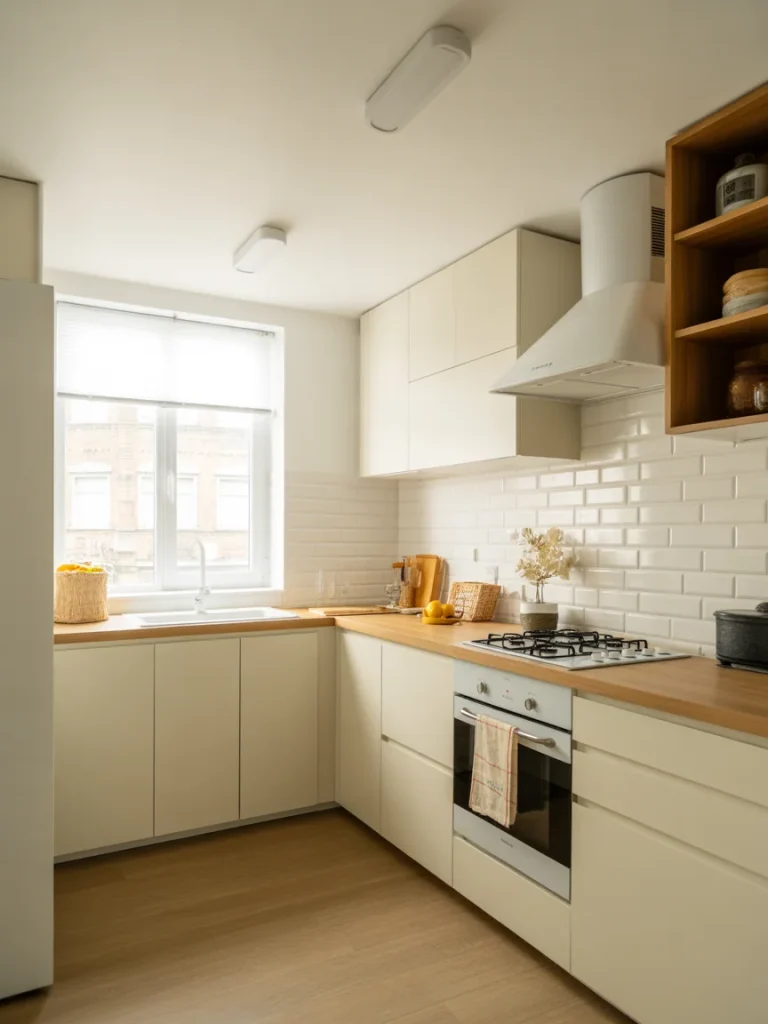 Small minimalist kitchen with cream cabinets, wood countertops, and white subway tile backsplash.