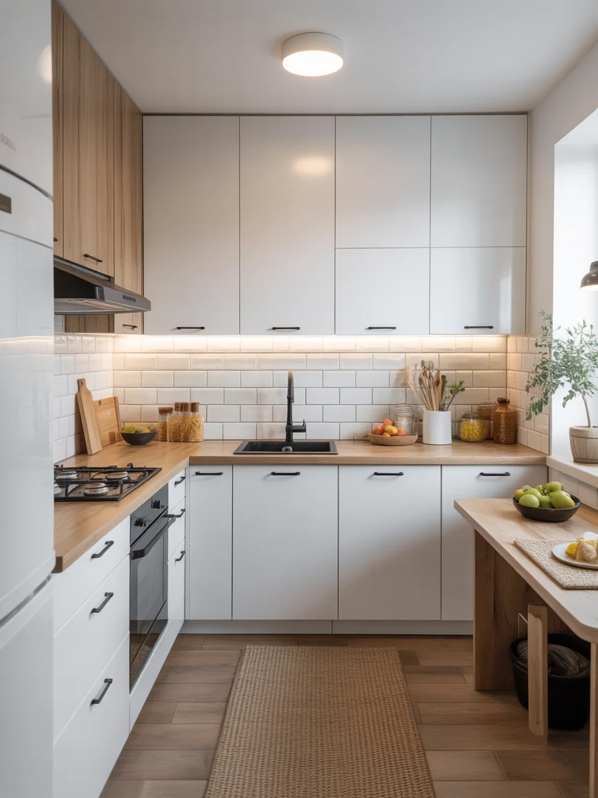 Small modern kitchen remodel with white cabinets, wood countertops, and subway tile backsplash.