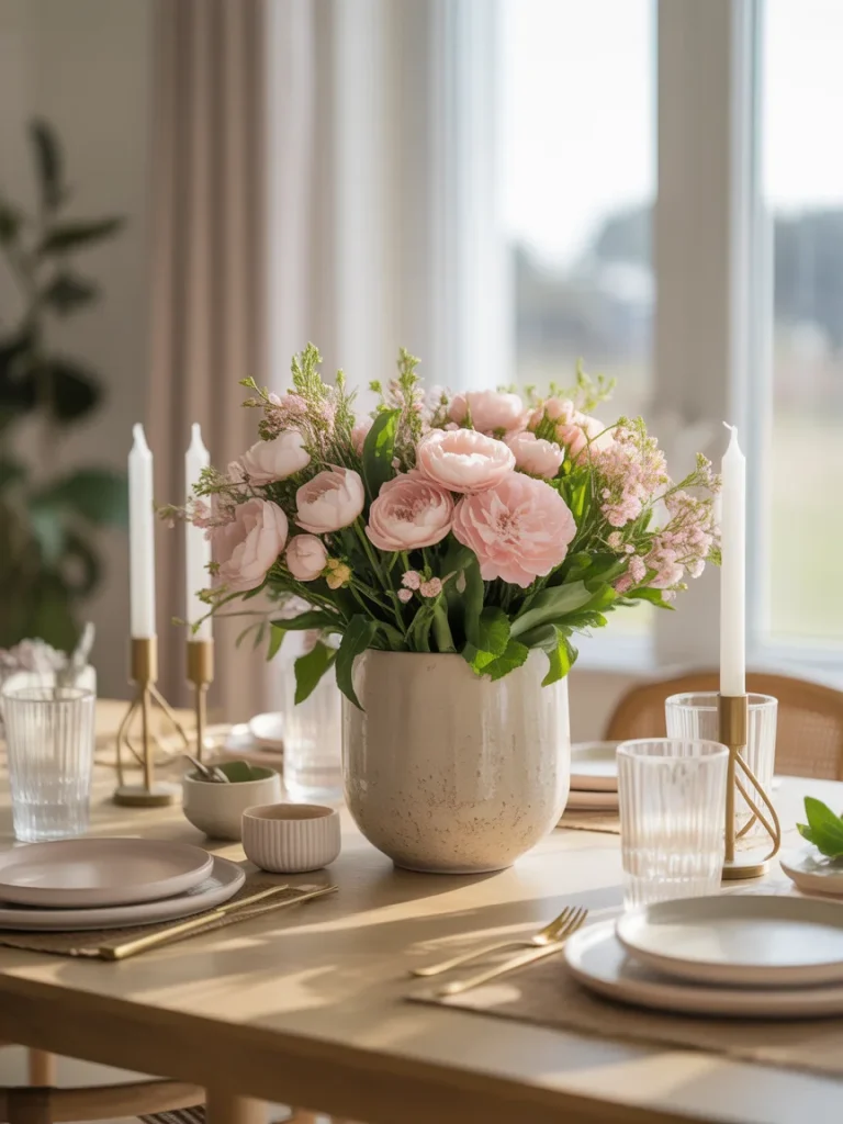 Spring table centerpiece with pink flowers in a ceramic vase surrounded by candles and elegant place settings.