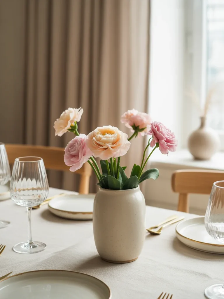 Spring floral centerpiece with pastel flowers in a ceramic vase on a dining table set with plates and glassware.