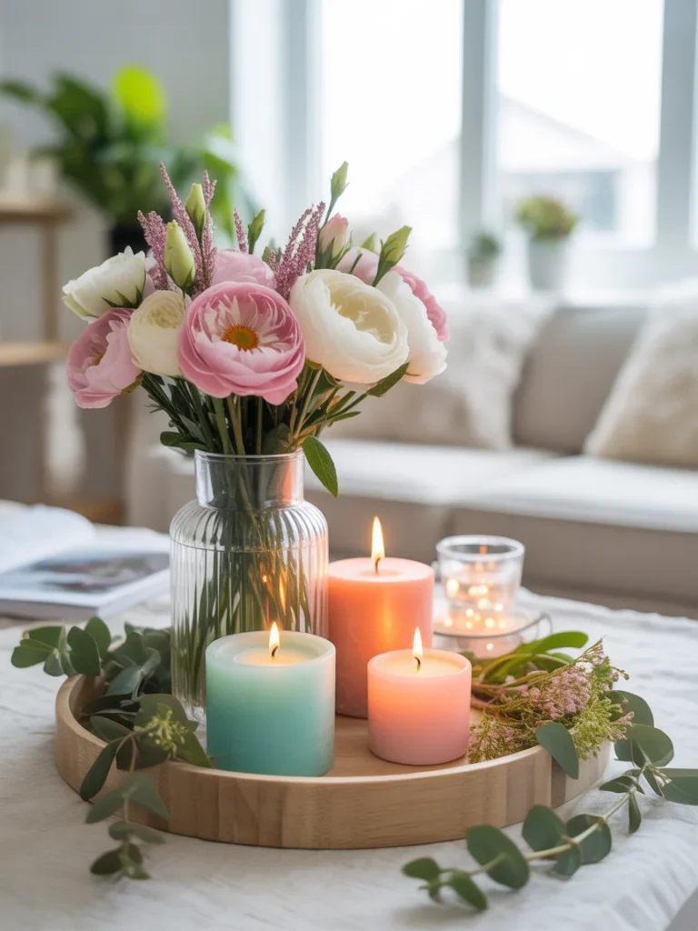 Spring tray decor with pastel candles, fresh flowers, and greenery centerpiece.