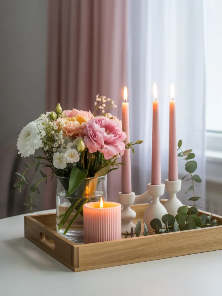 Spring tray decor with flowers, pink candles, and greenery on wooden tray.