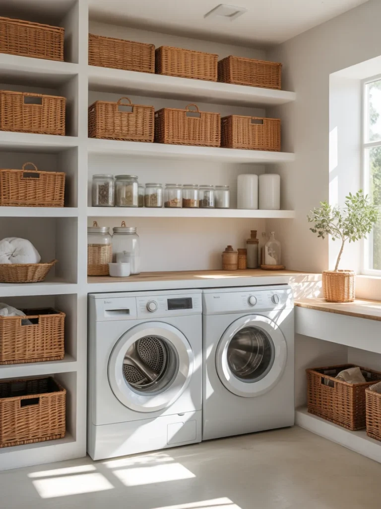 White laundry room with open shelving, wicker baskets, and front-load washer and dryer.