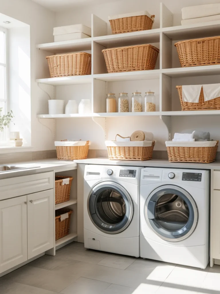 White laundry room with open shelves, wicker baskets, and front-load washer and dryer.