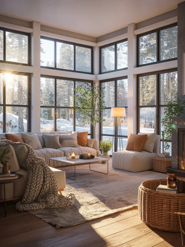 Cozy four-season sunroom with large windows, fireplace, and winter landscape view