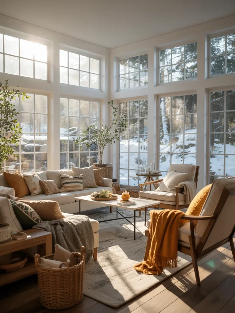 Bright four-season room with large windows, cozy seating, and winter view outside