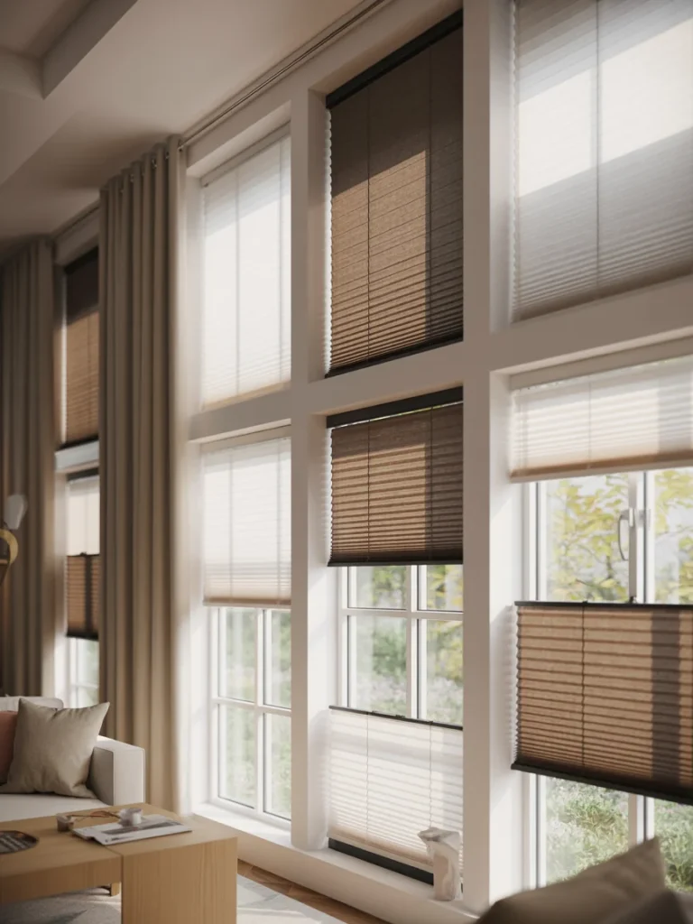 Sunroom windows with layered blinds and shades for flexible light and privacy control